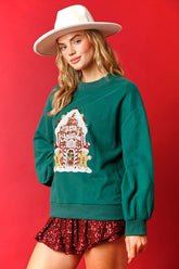 Suéter holgado informal de cuello redondo con lentejuelas navideñas para mujer, ropa de otoño e invierno